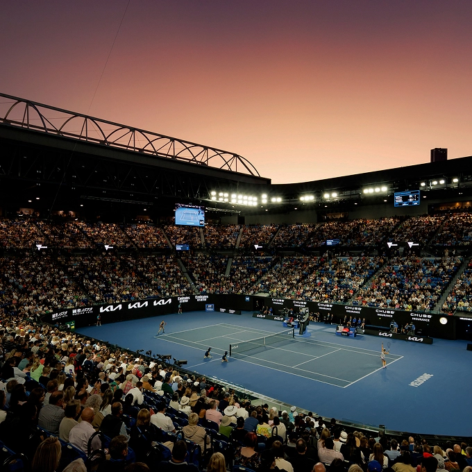 The Australian Open main court at dusk.