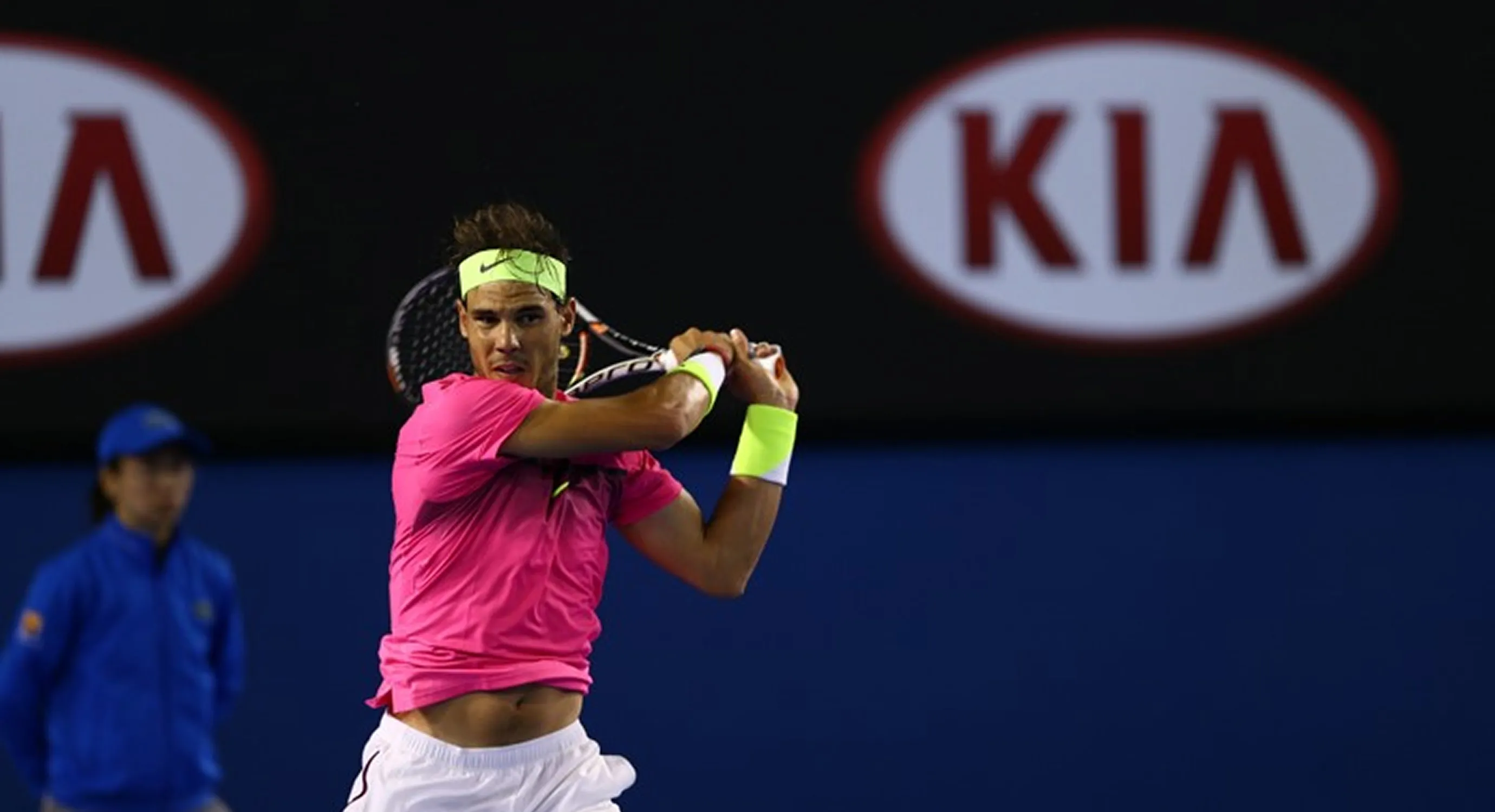 Rafael Nadal hitting a forehand shot during a match.