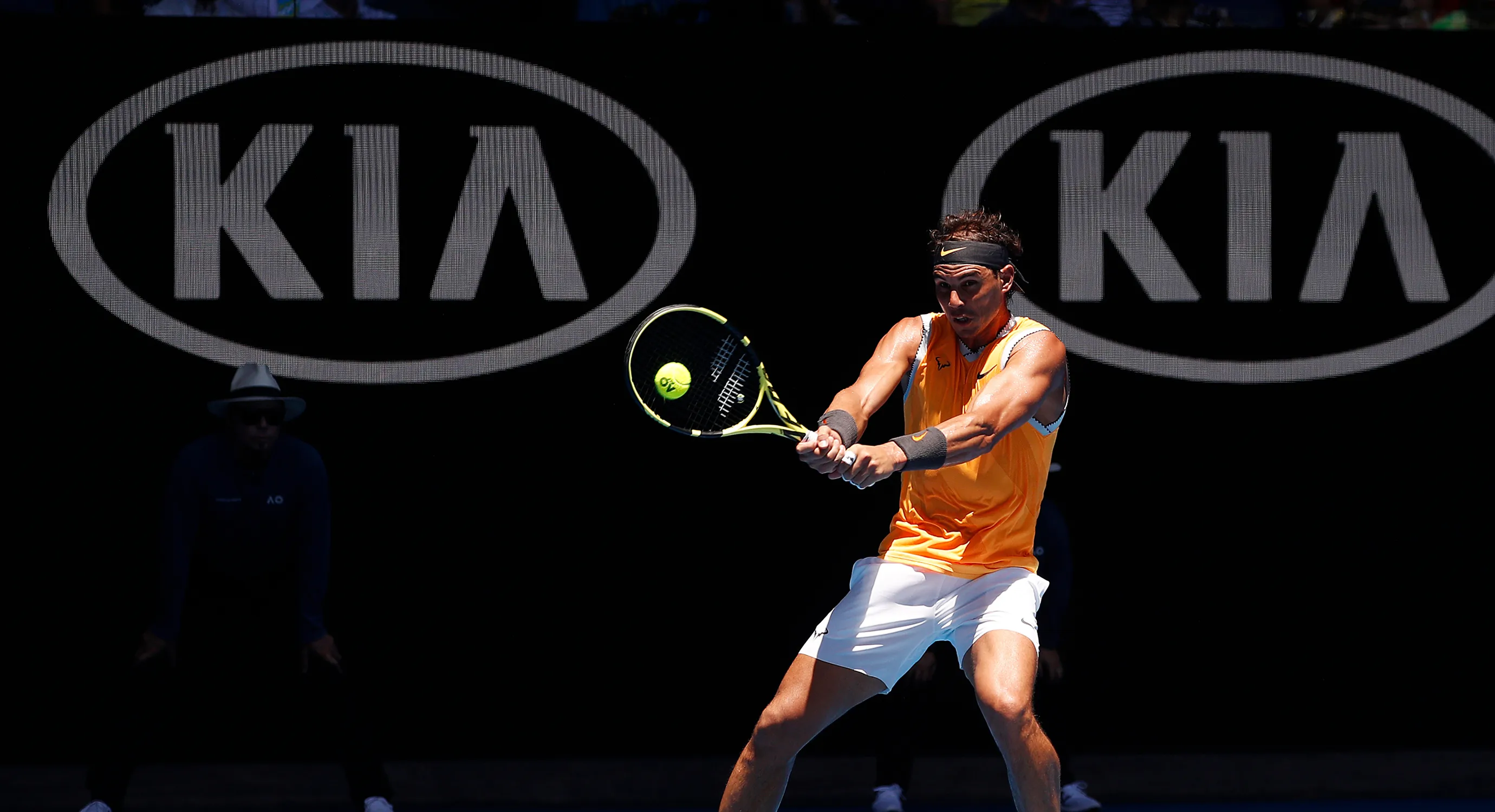 Rafael Nadal hitting a forehand shot during a match.