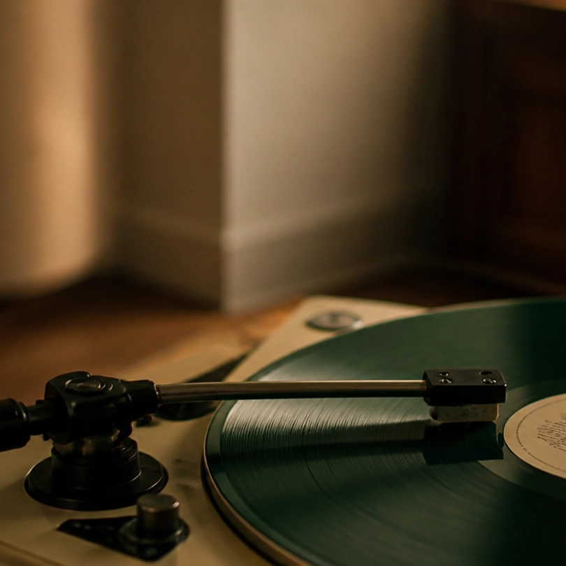 A vinyl record turning on a turntable
