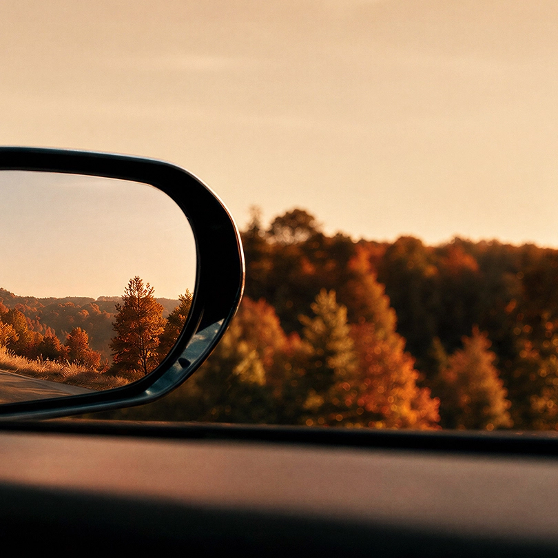 Autumn leaves reflected in a Kia vehicle's side mirror