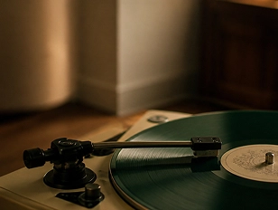 A vinyl record turning on a turntable