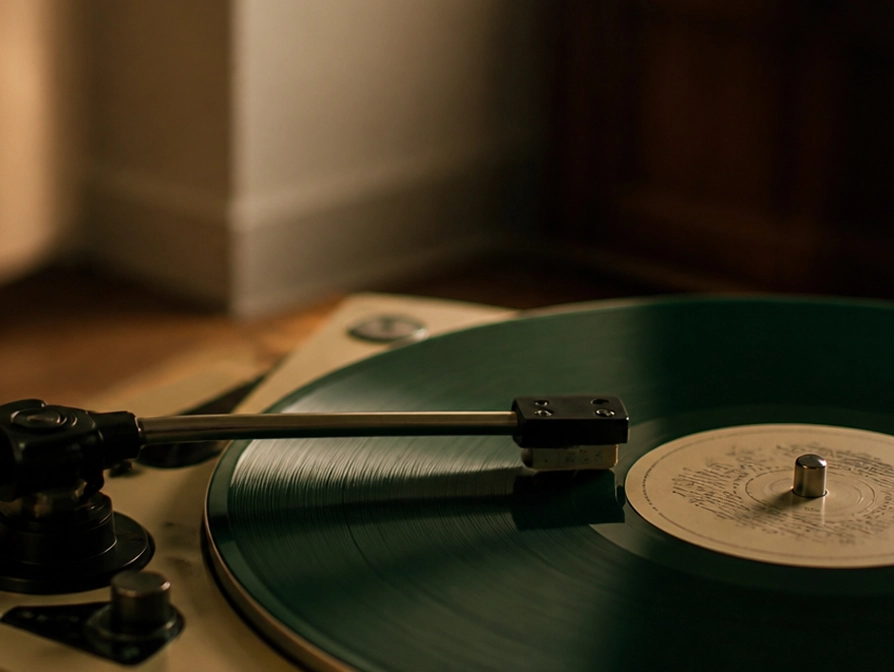 A vinyl record turning on a turntable
