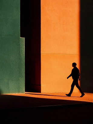 A person walking through long shadows