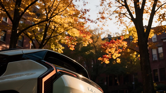 The Kia EV3 side view against autumn foliage