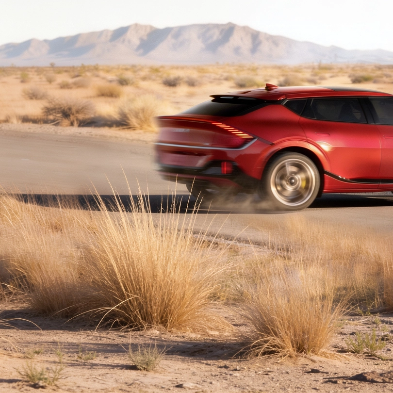 Image of the rear view of a red Kia EV6 GT driving at high speed on a desert road.