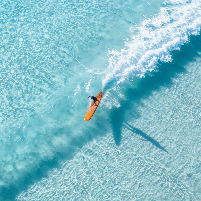 Aerial image of a surfer riding a wave in the ocean