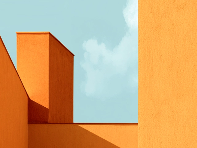 Image of orange architectural structures beneath a blue sky