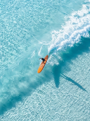 Aerial image of a surfer riding a wave in the ocean