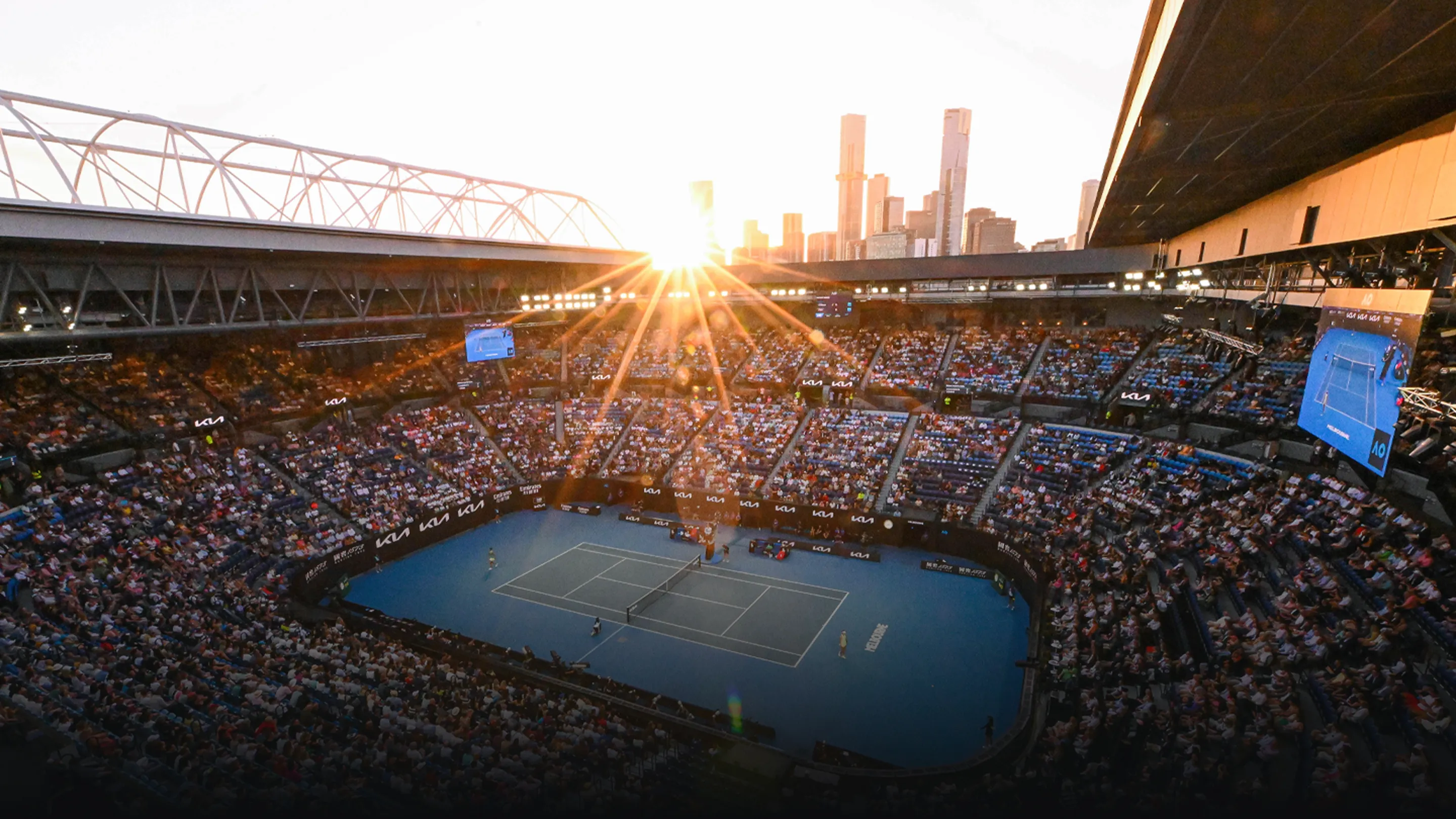 Sunset view of a tennis stadium