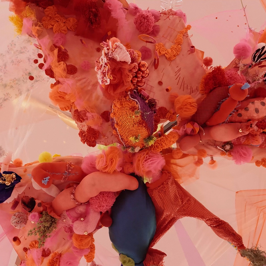 Pink-toned and multicolored textile materials of Anna Galtarossa's 'The Spirit of Disco.'