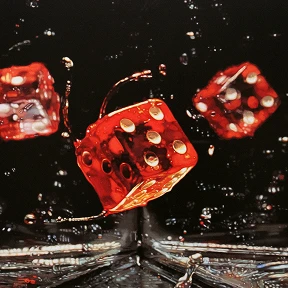Image of red dice objects splashing above water