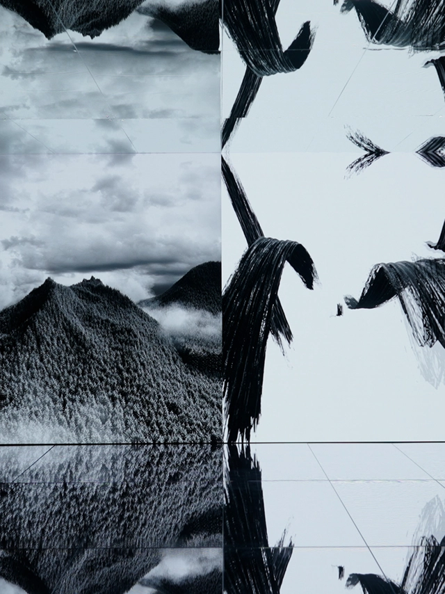 Media screen juxtaposing natural landscape footage and abstract brushstroke imagery.