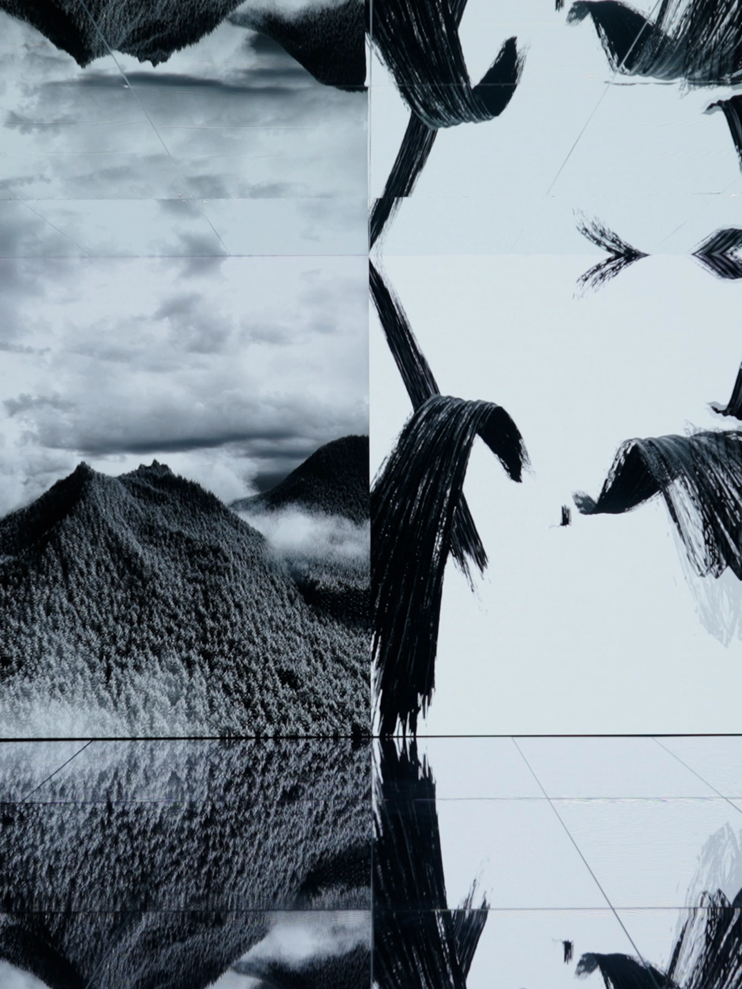 Media screen juxtaposing natural landscape footage and abstract brushstroke imagery.