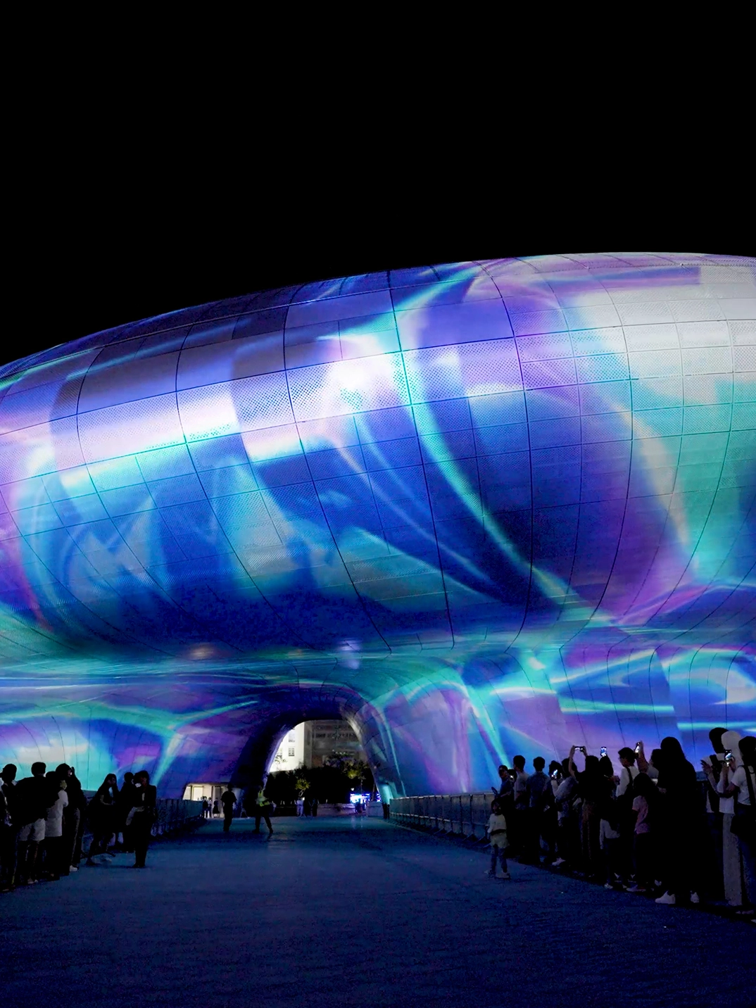 Media projection mapped onto the DDP exterior at Seoul Light 2023.