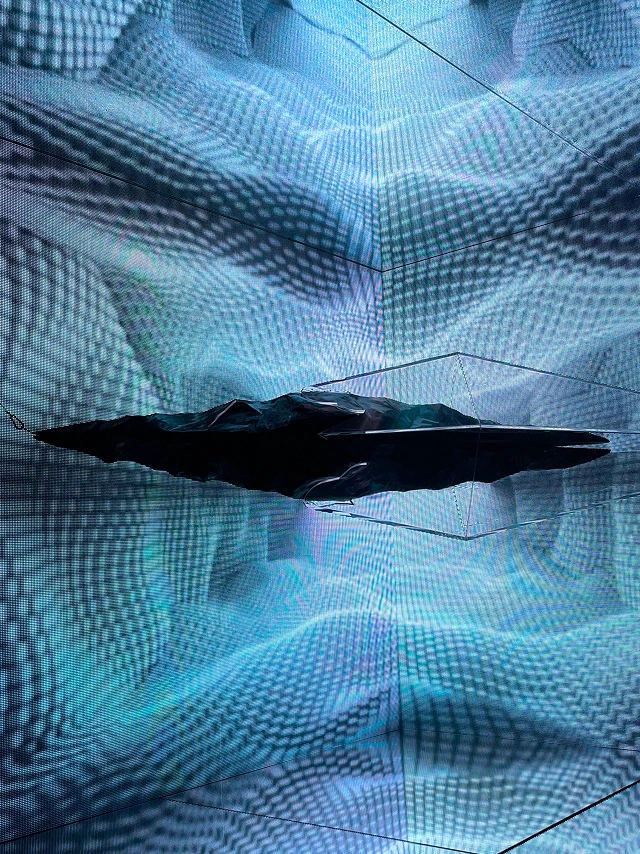 Installation with a floating black abstract structure within a digital grid at the DDP solo exhibition.