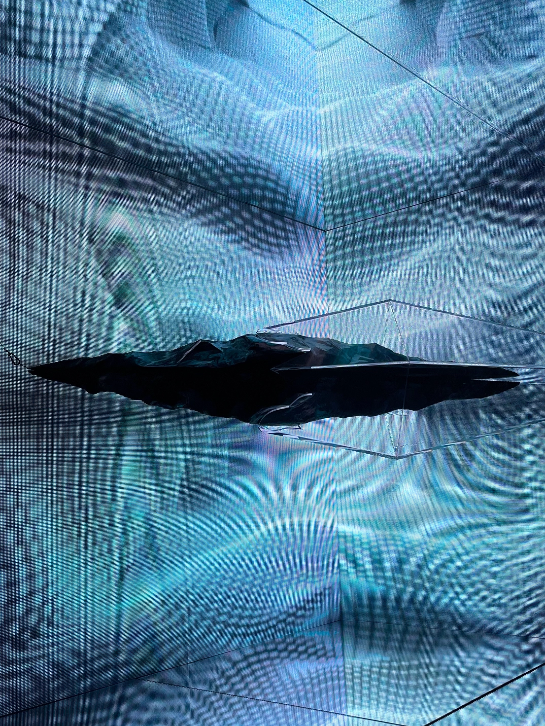 Installation with a floating black abstract structure within a digital grid at the DDP solo exhibition.