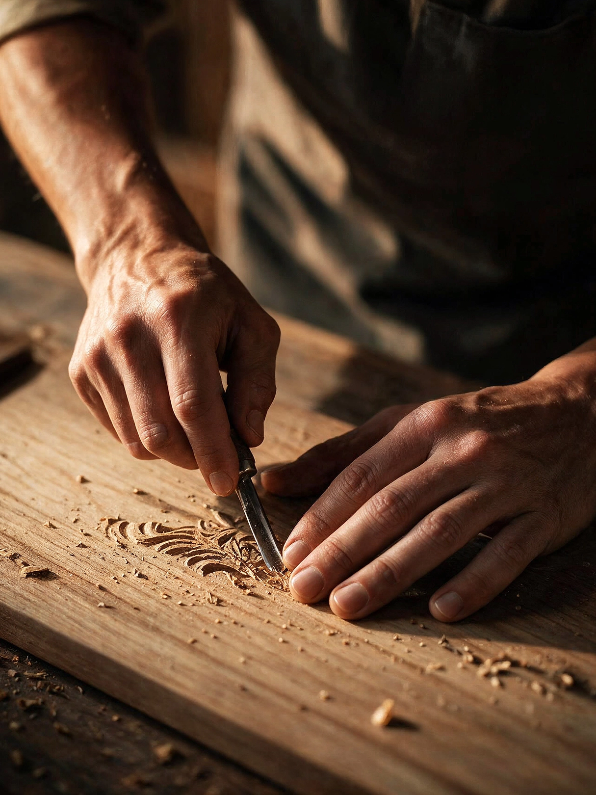 Image of a traditional Chinese artisan's hands carving patterns into wood