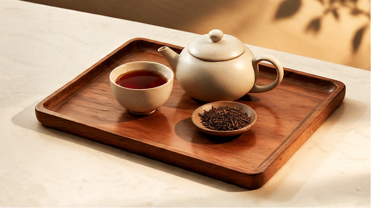 Image of a traditional Chinese tea set with a teapot, teacup, and tea leaves