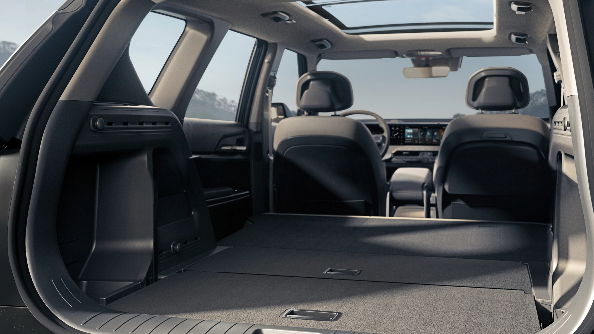The EV5 interior with expanded cargo space created by folding down the 2nd-row seats.