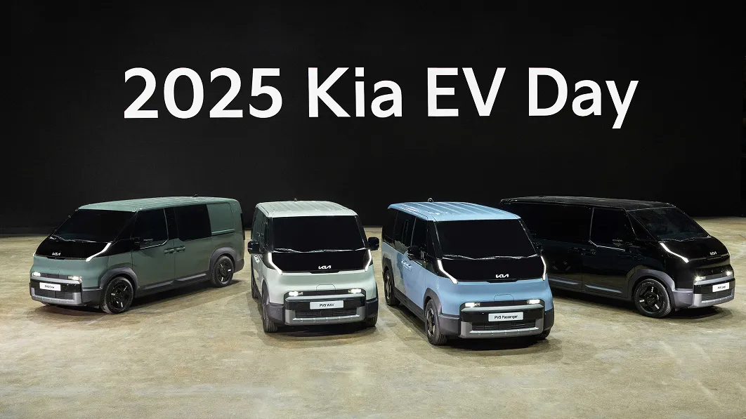 PV5 vehicle lineup displayed on stage at 2025 Kia EV Day