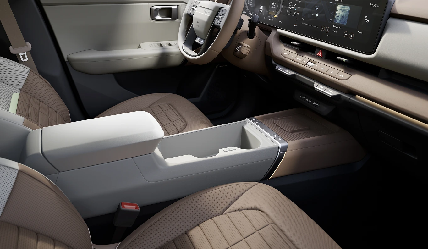 Interior image of a Kia hybrid vehicle showing premium cabin design