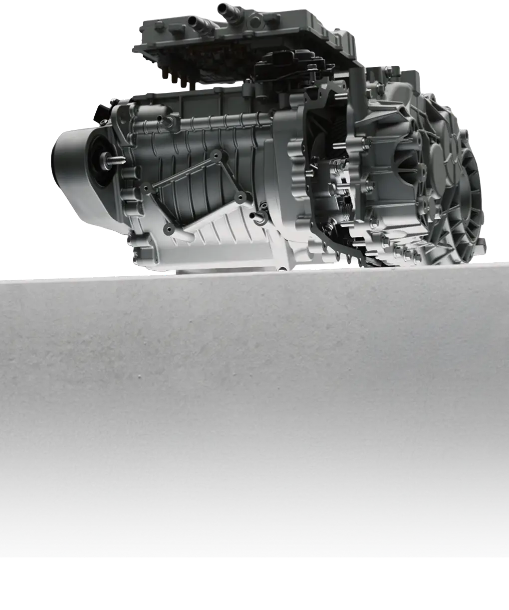 An electric motor and reduction gear unit displayed on a platform