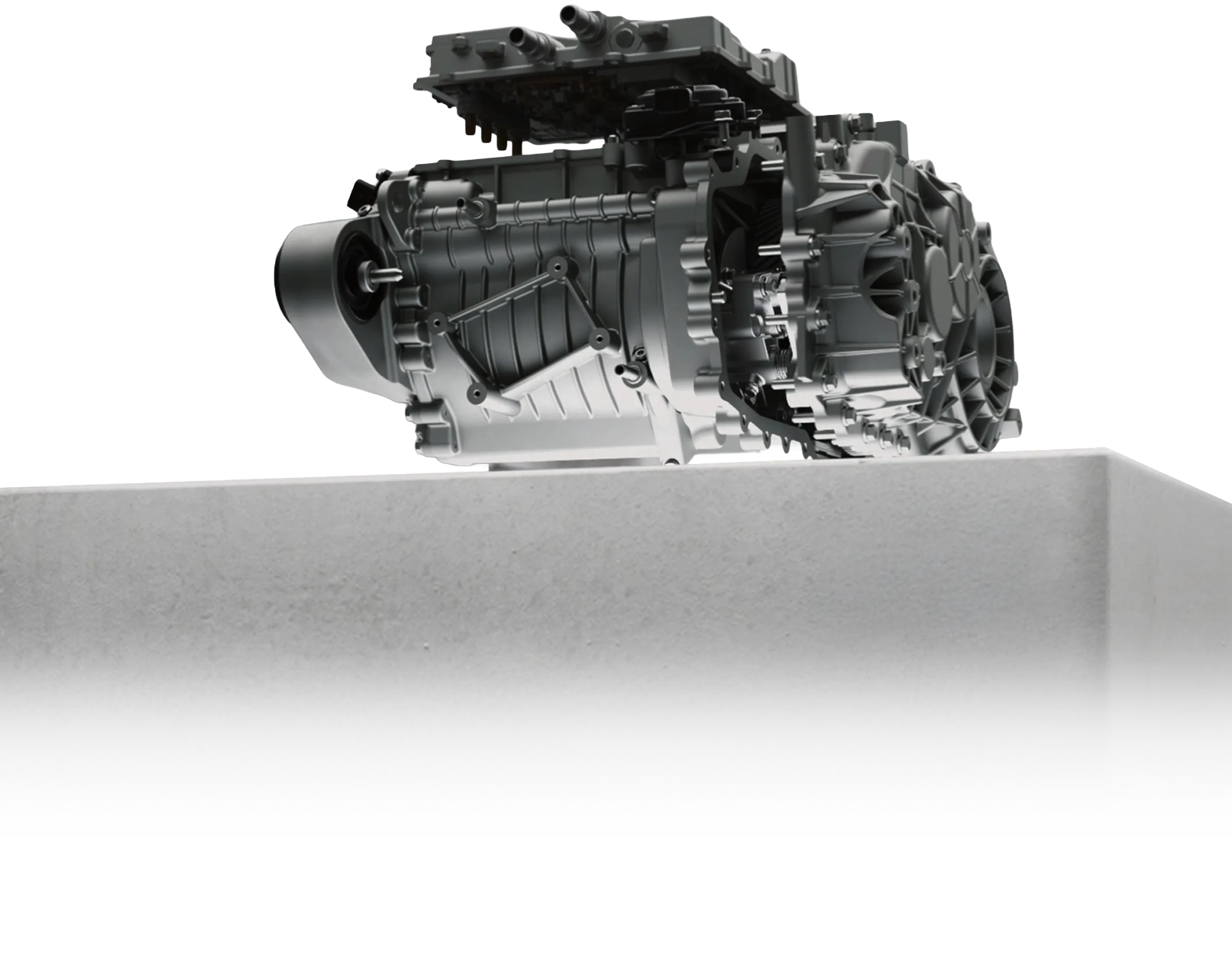 An electric motor and reduction gear unit displayed on a platform