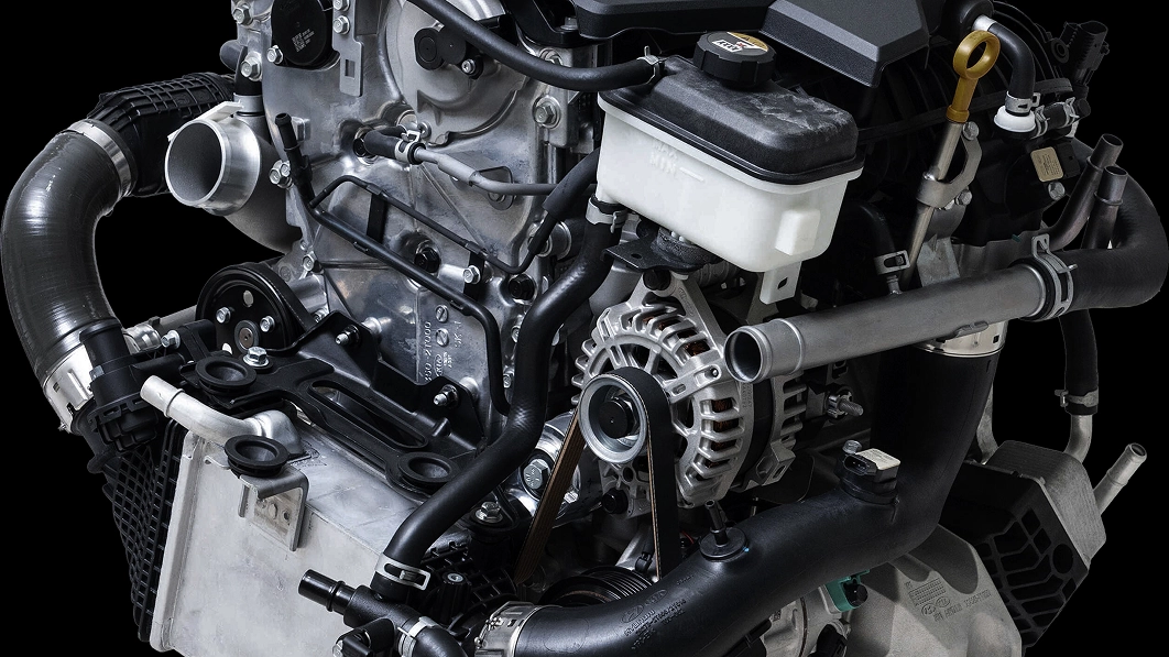 Close-up view of a vehicle engine and key components