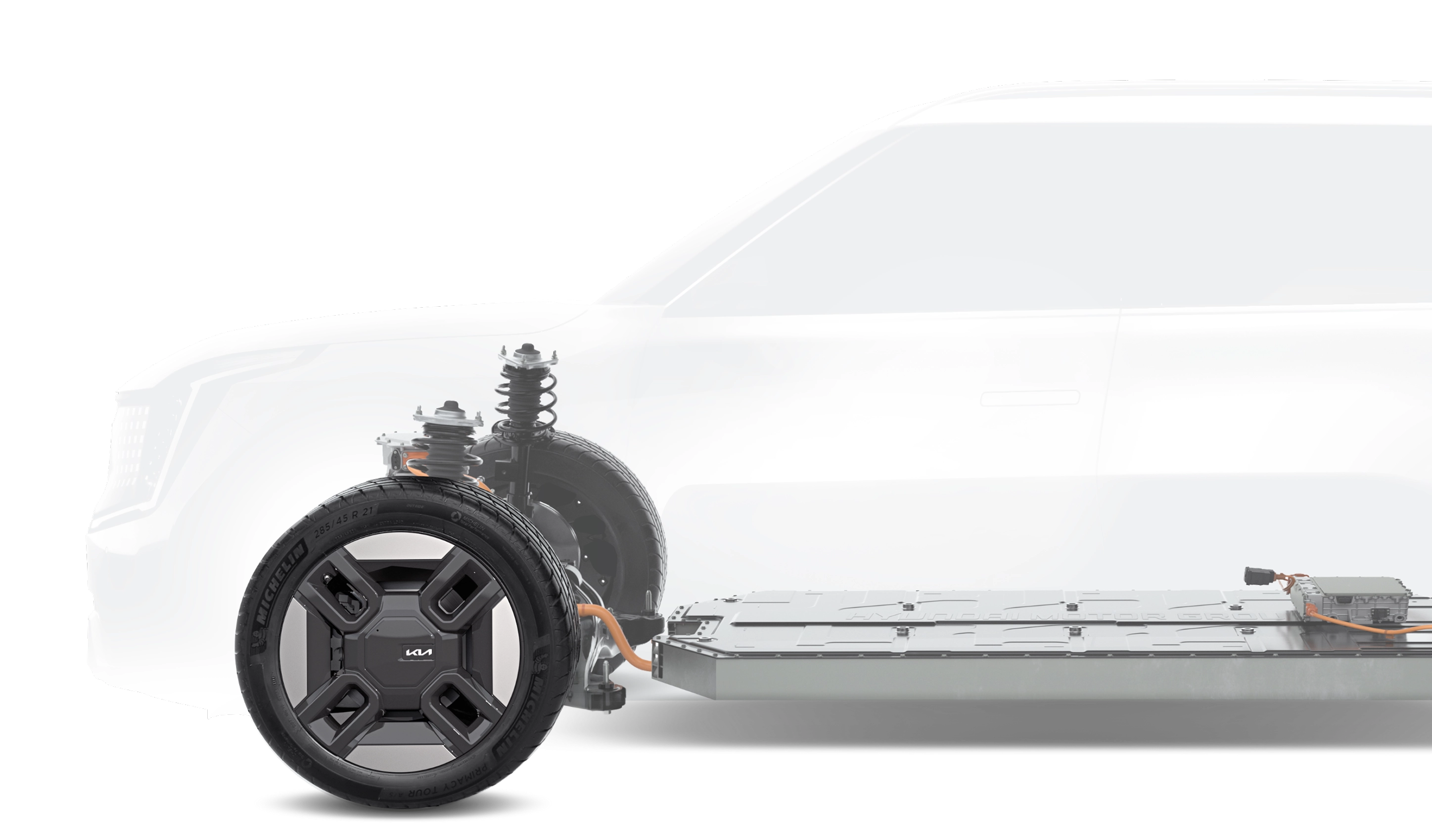 Image showing the vehicle structure silhouette and drive module of the E-GMP platform