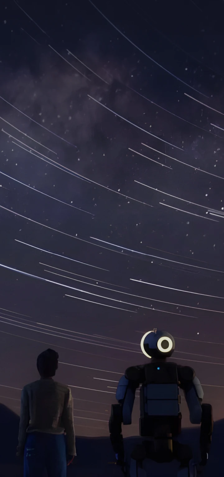 Image showing a person and the humanoid robot Atlas standing under a starry night sky