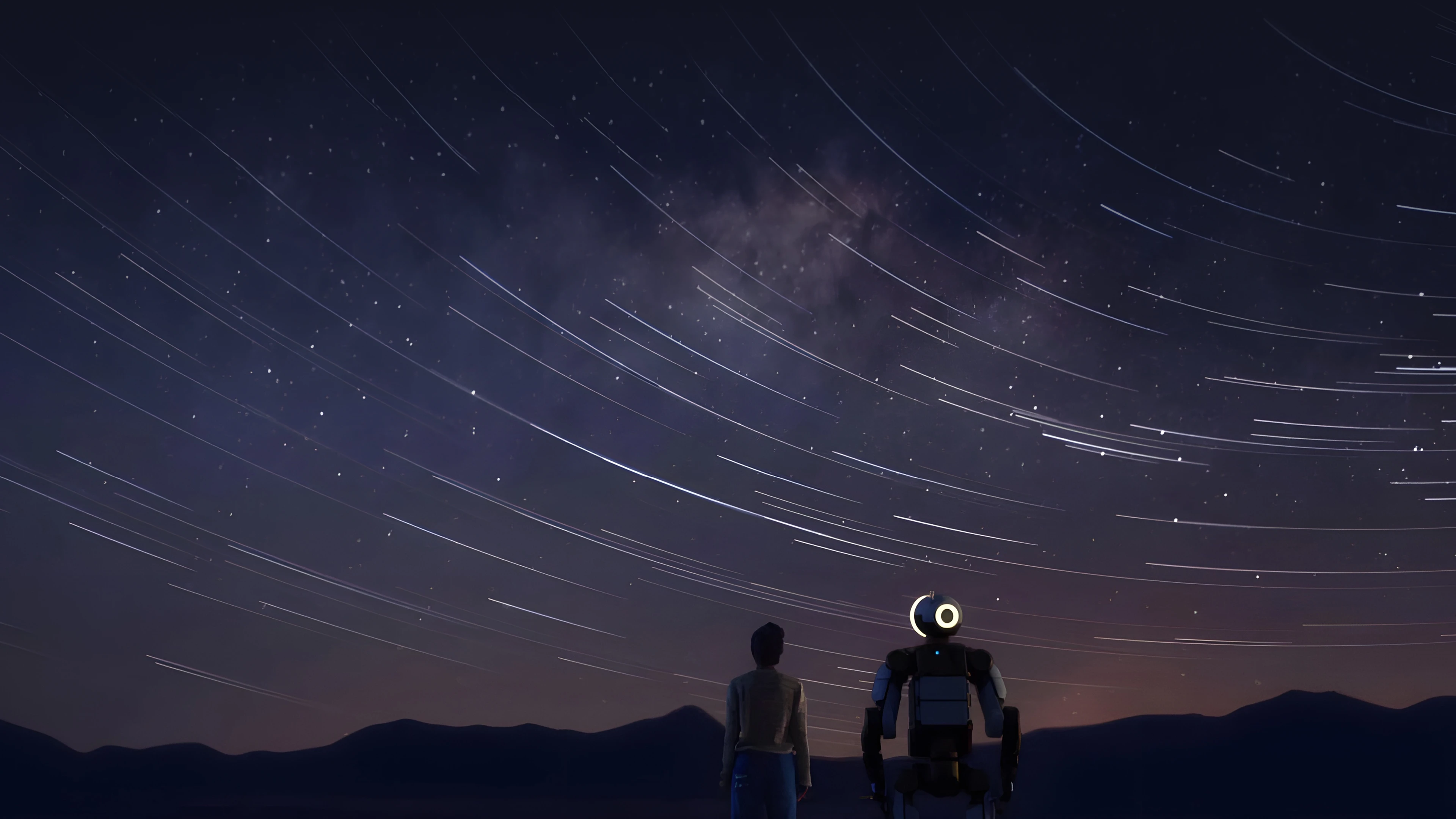 Image showing a person and the humanoid robot Atlas standing under a starry night sky
