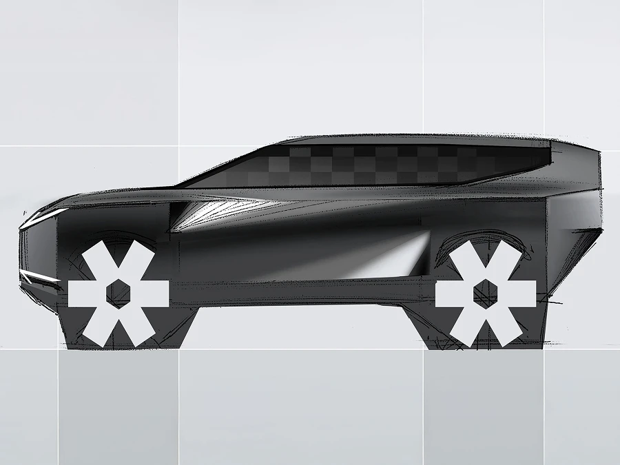 Side-view rendering of a futuristic Kia vehicle on a grid background