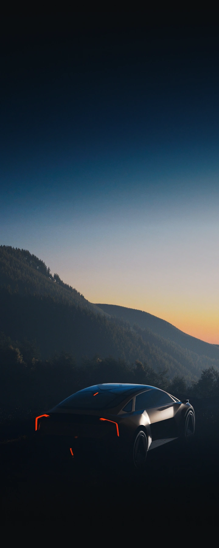 Rear view of the Vision Meta Turismo with a sunrise in the background.