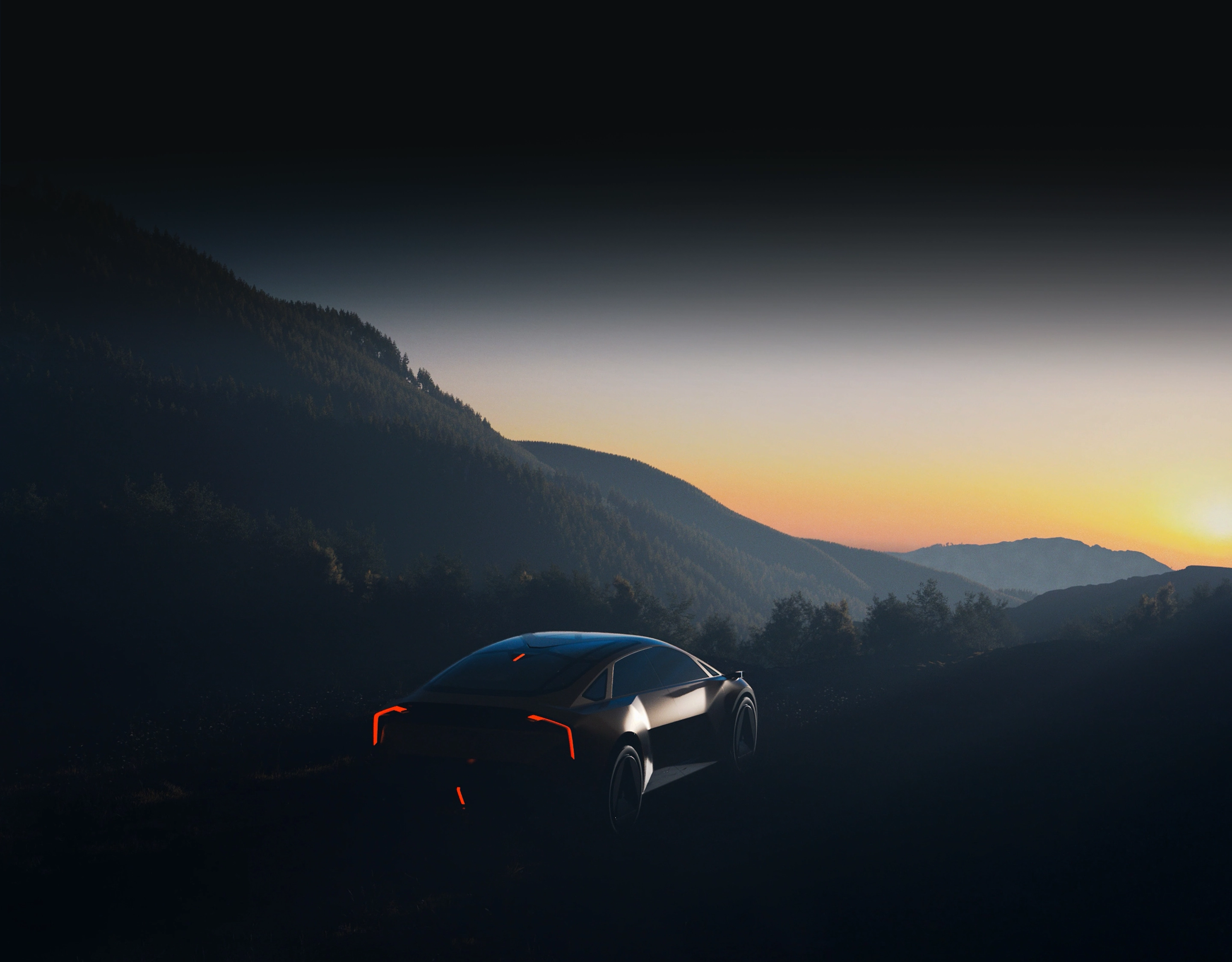 Rear view of the Vision Meta Turismo with a sunrise in the background.