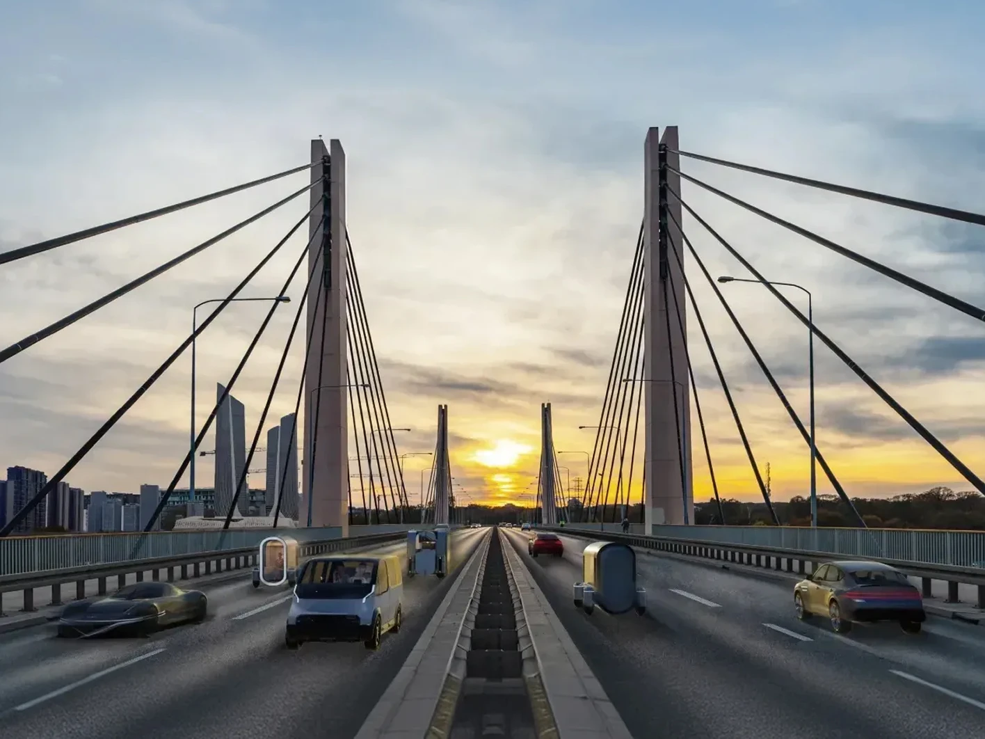 Front view of the Kia PV5 Cargo driving on a city street