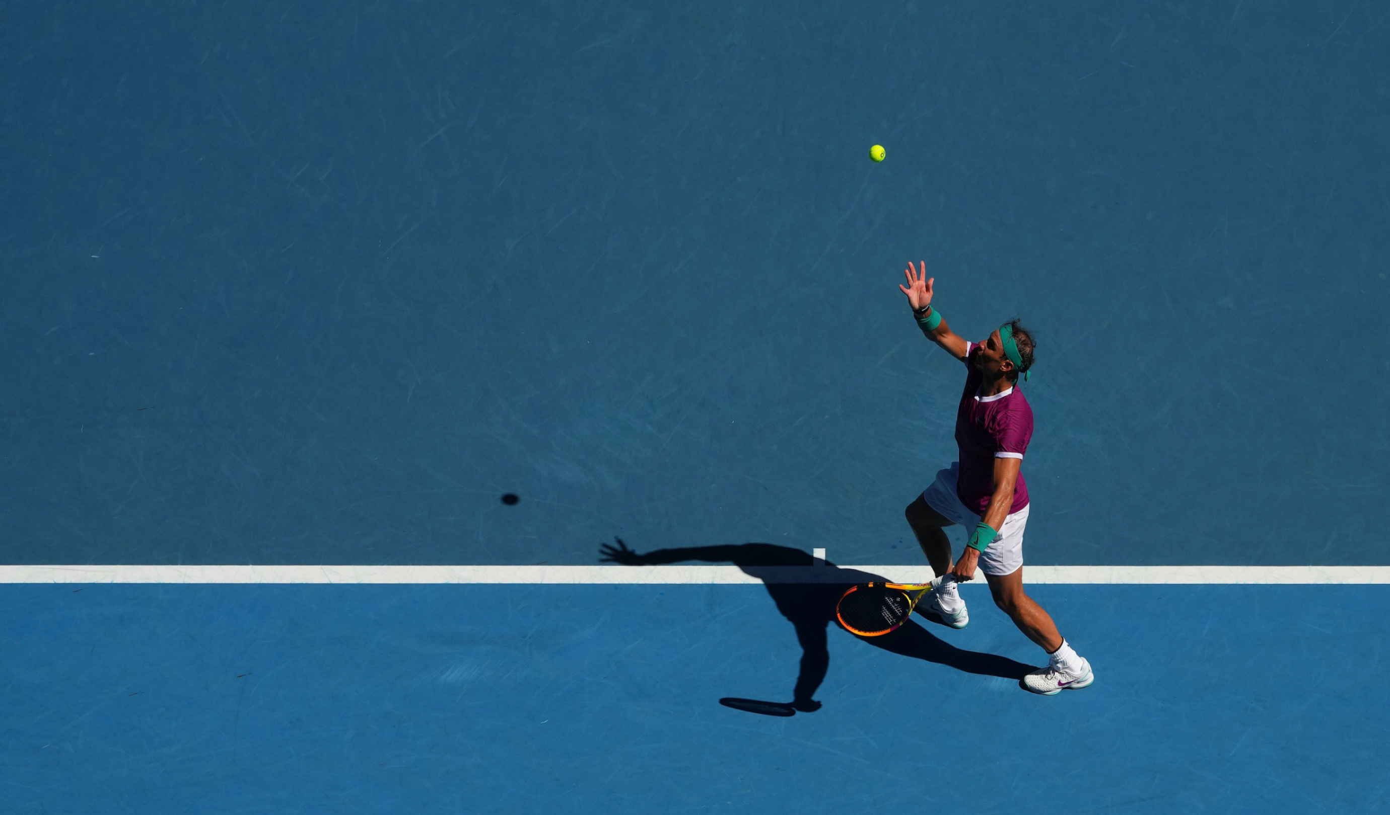 Aerial view of Rafael Nadal serving the ball