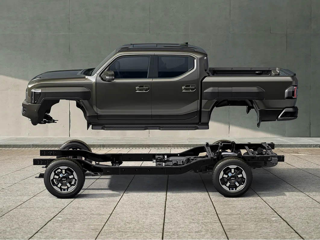 Exploded side view showing the body structure and frame of the Kia Tasman pickup truck