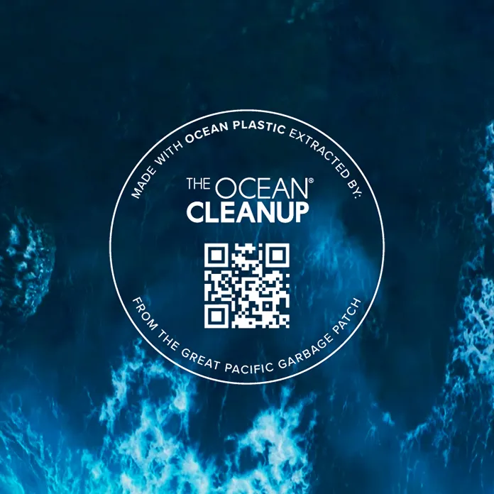 The Ocean Cleanup certification mark and QR code for recycled ocean plastic