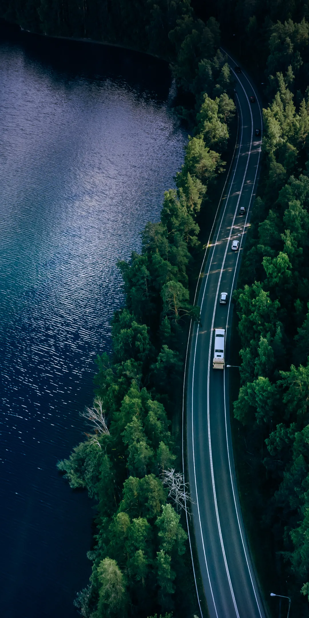 Aerial view of a Kia vehicle driving along a road beside a forest and a lake