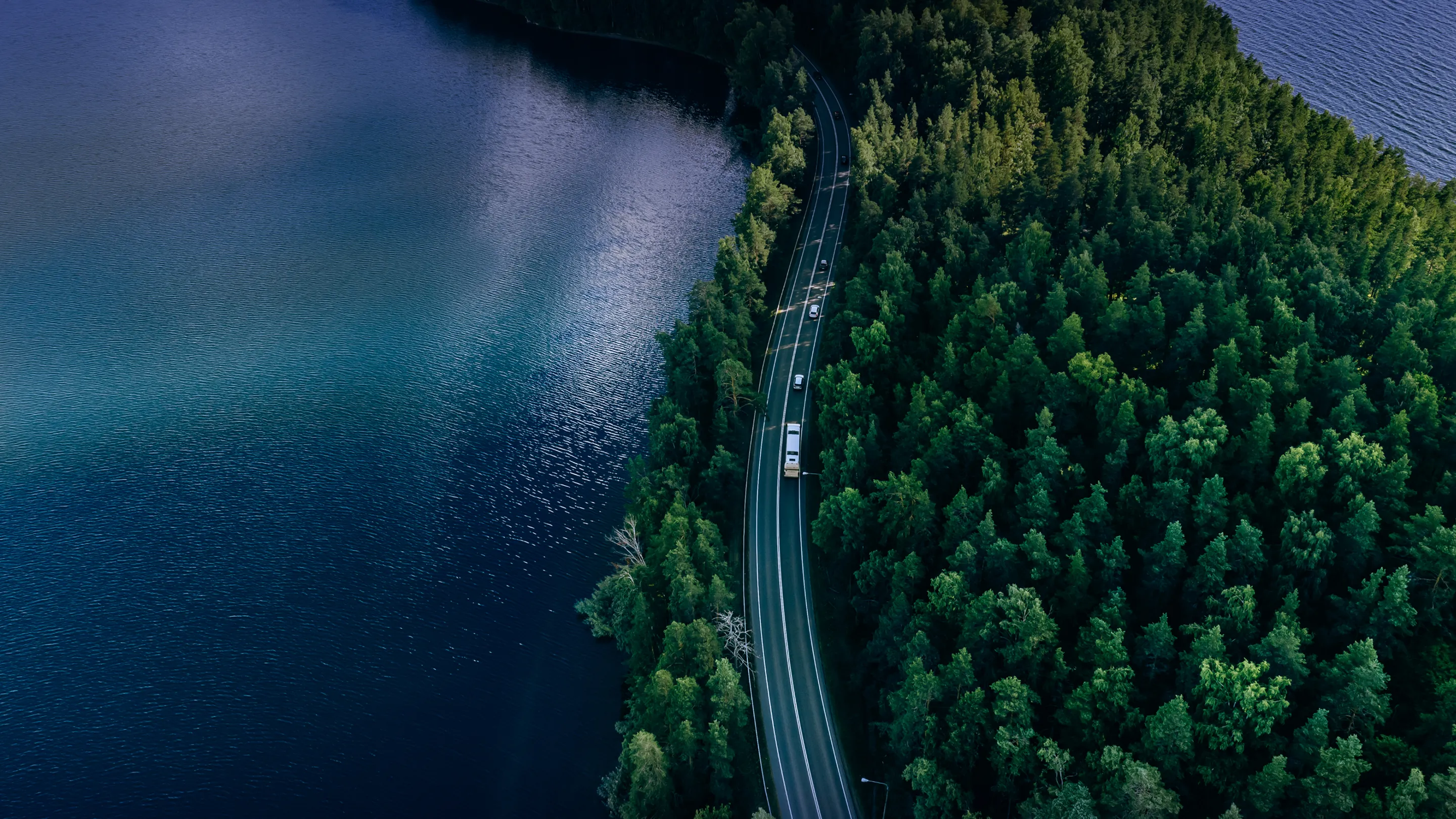 Aerial view of a Kia vehicle driving along a road beside a forest and a lake