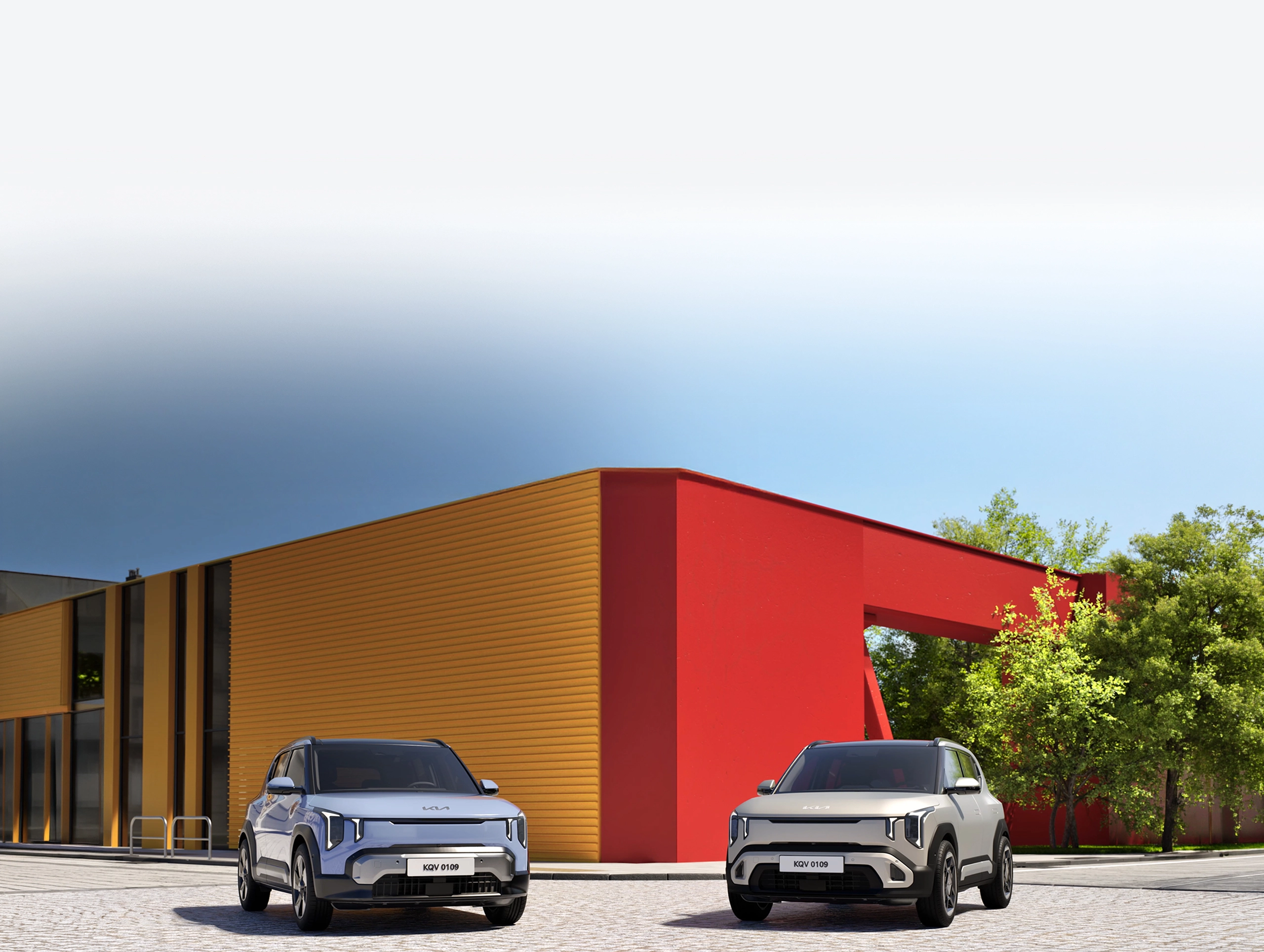 Image of Kia EV2 parked in front of architecture