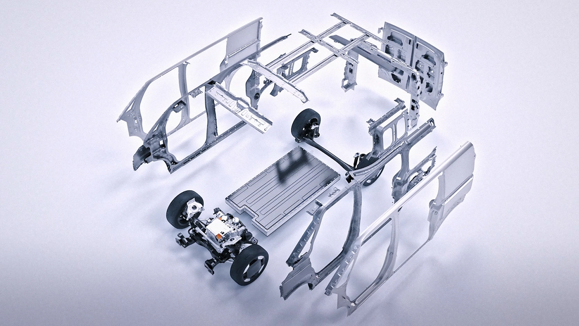 Image of the Kia PV5 flexible body system showing modular vehicle body components and platform structure